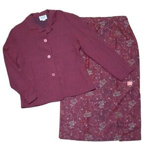 VTG Skirt Suit Set Imagio 2 Pc Red Floral Button Blouse Dress Shirt Outfit Large